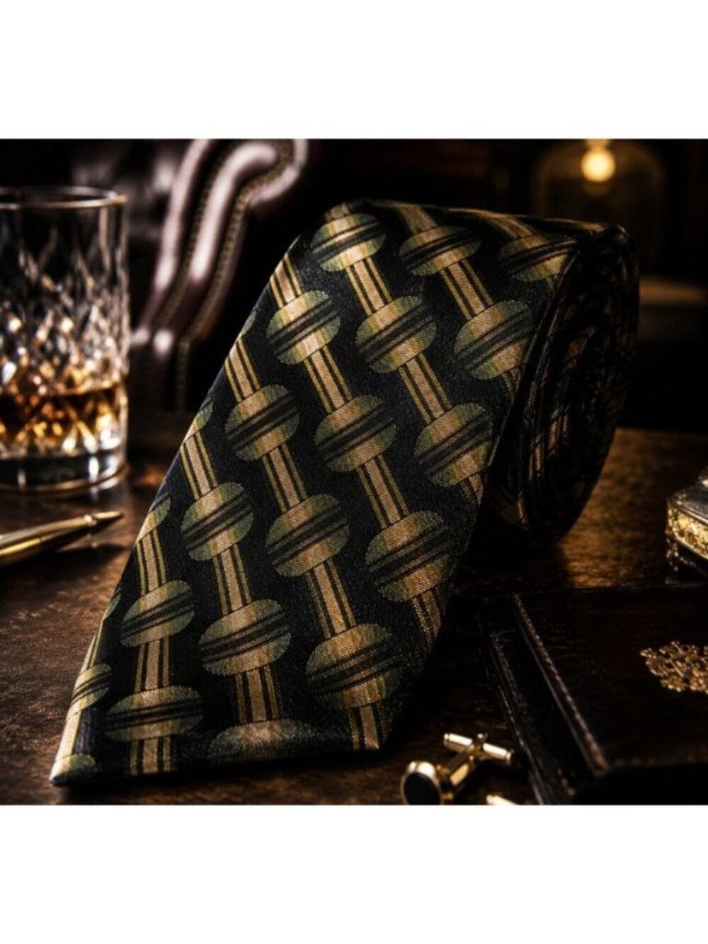 Stafford Executive Silk Tie Black Green Brown Geometric Satin Woven Classic USA - Picture 2 of 13